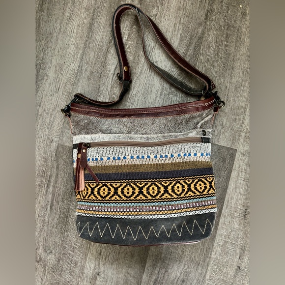 Myra Bag Cowhide Leather Western Hobo Cotton Adjustable Strap Crossbody Bag - Picture 2 of 15